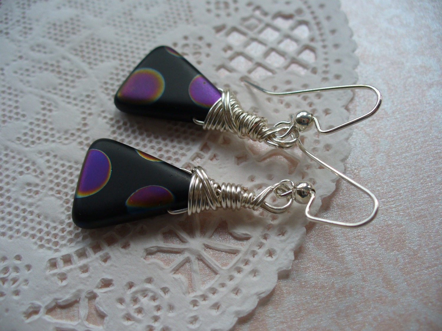 Black Triangle with Peacock Dots Wire Wrapped Earrings