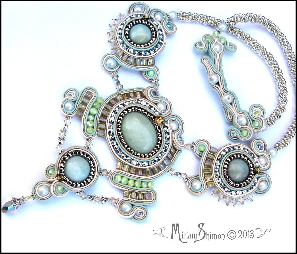 Soutache Mint, Silver and Cream necklace