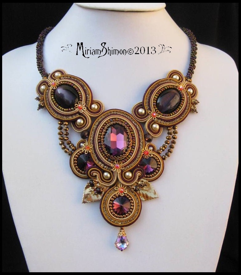 Soutache necklace in Dark Purple, Gold, Coffee and Bronze