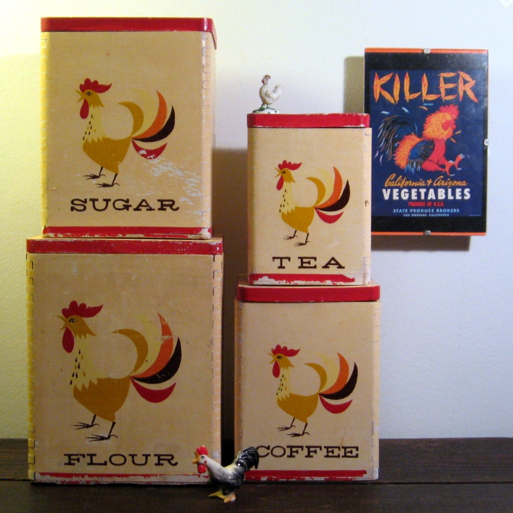 Vintage Rooster Kitchen Wooden Storage Canisters / Flour / Sugar / Coffee / Tea