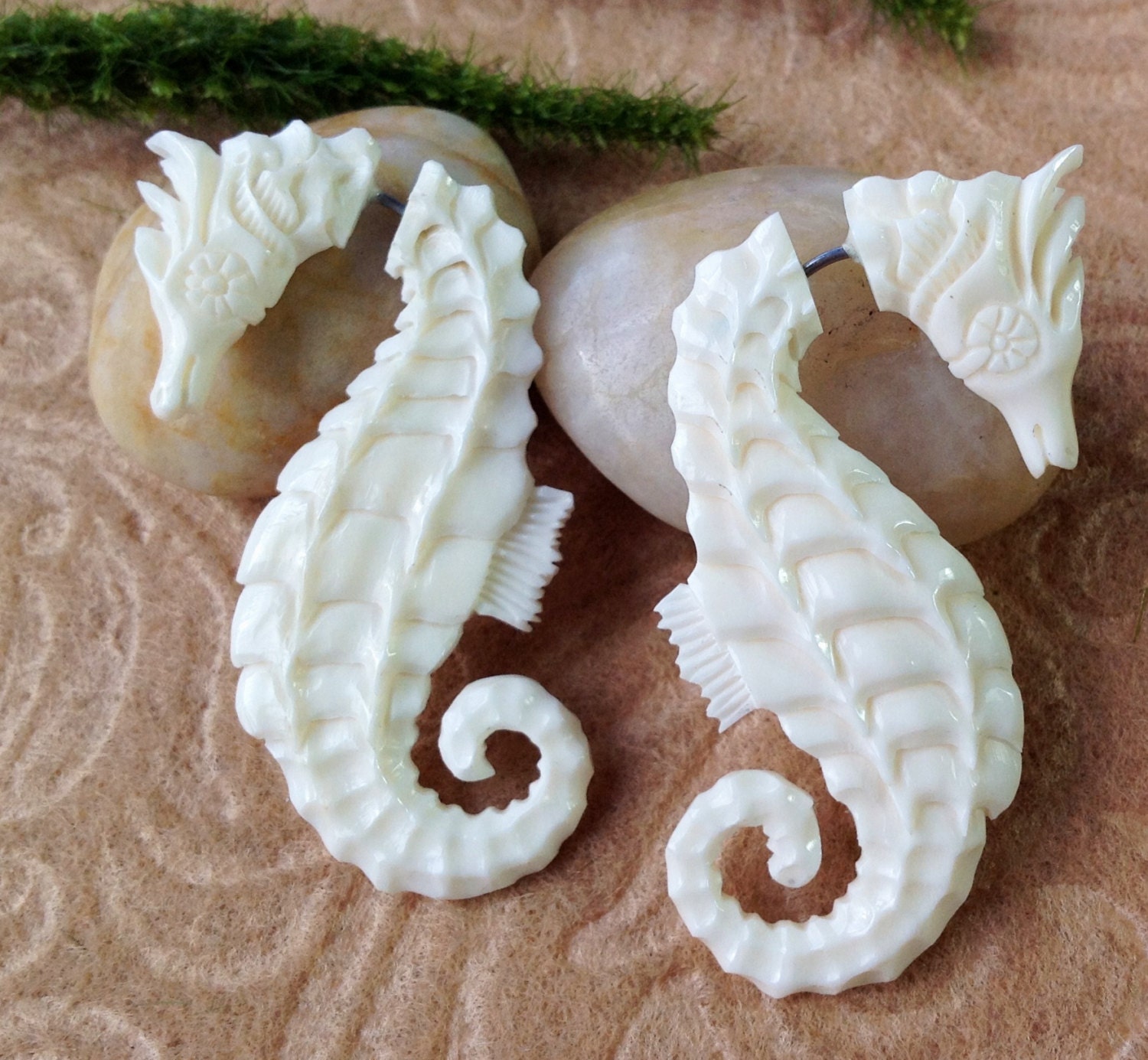 Fake Gauge Earrings, "Seahorse" Naturally Organic, Bone, Hand Carved, Tribal