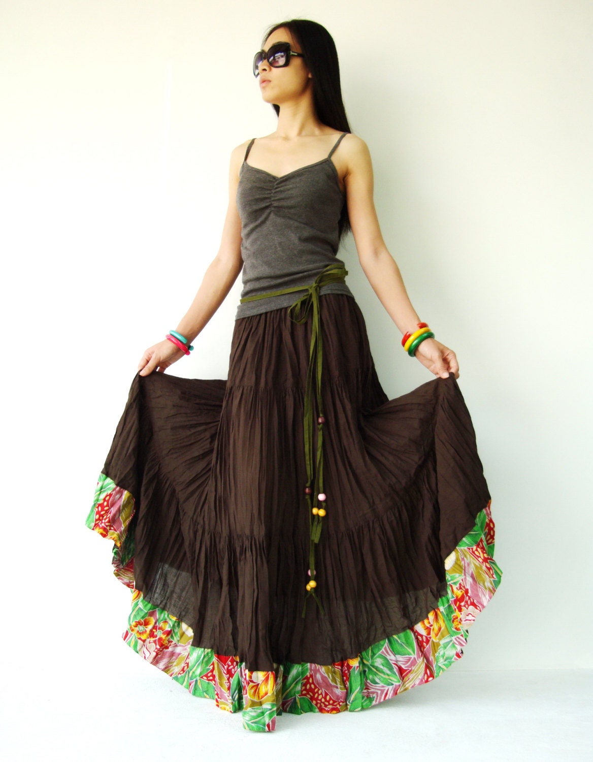 NO.25 Dark Brown Cotton, Hippie Gypsy Boho Tiered Long Peasant Skirt