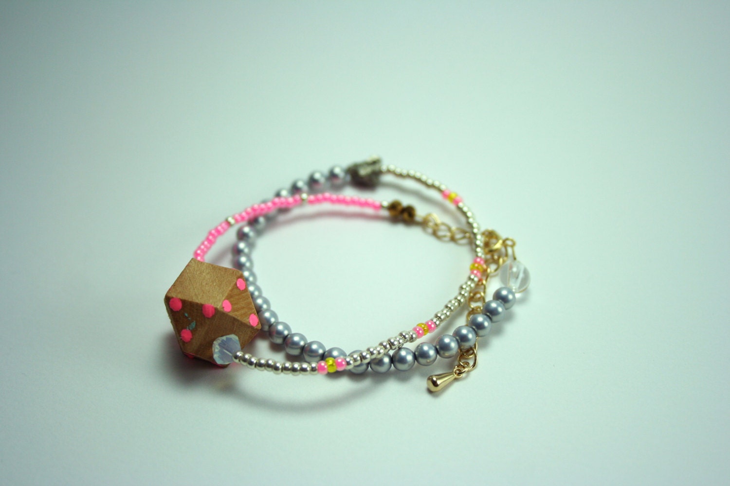 Geometric hand painted wooden bead wrap bracelet 3