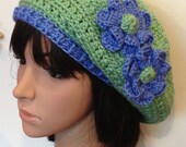 Slouchy Tam Hat with Ruffle Crocheted Green and Blue - Adult