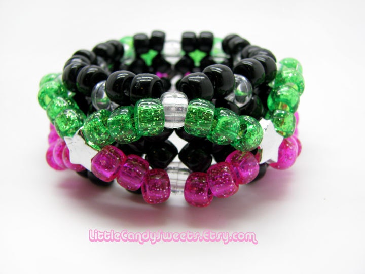 3D Kandi cuff Black X bracelet with pink and green glitter beads