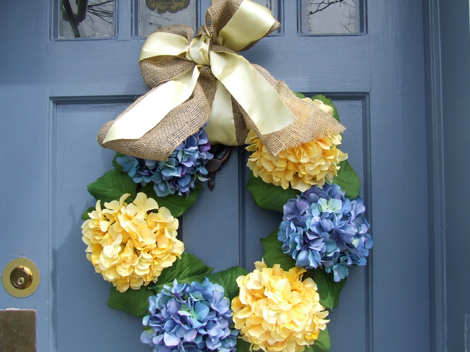 Blue and Yellow Hydrangea Spring Wreath with Burlap and Satin Ribbon