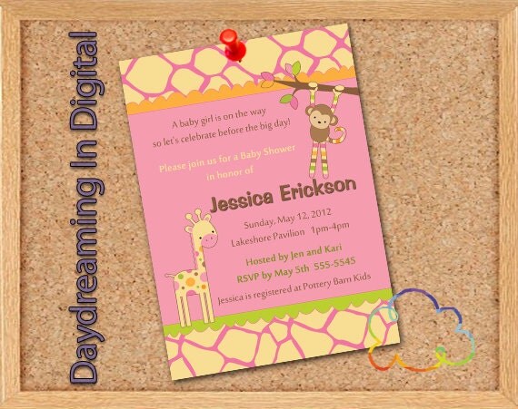 Digital File - 5x7 Baby Shower Giraffe Monkey Modern Girl - Custom Personalized