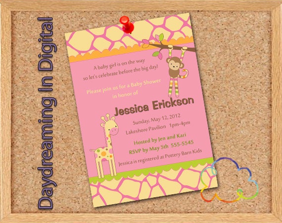 Digital File - 5x7 Baby Shower Giraffe Monkey Modern Girl - Custom Personalized