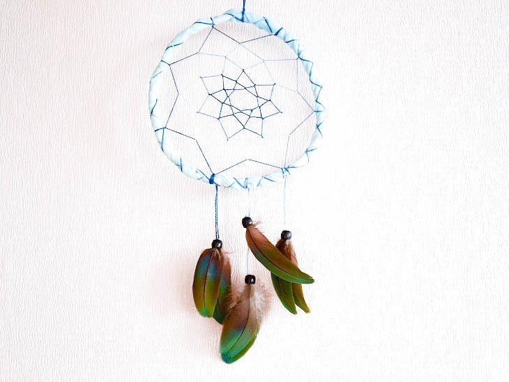 Dream Catcher - Magic Colours - With Exotic Green and Turquoise Parrot Feathers, Light Blue Frame and Blue Nett - Home Decor, Mobile
