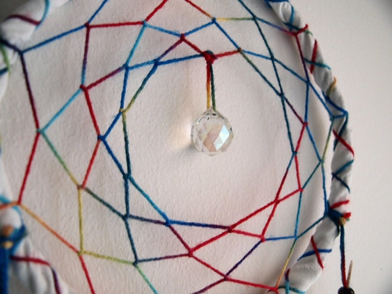 MADE TO ORDER - Dream Catcher - Rainbow - With Black and White Pigeon Feathers and Colorful Nett - Home Decor, Mobile