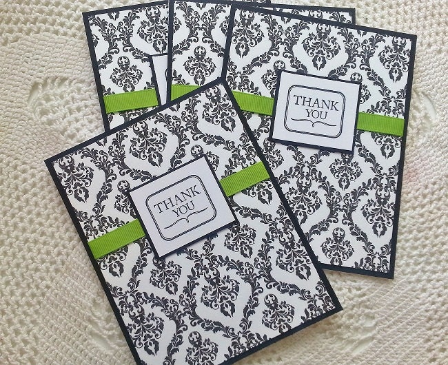 Set of 8 - Elegant Damask Print Thank You Cards -  Custom Handmade Thank You cards - Wedding - Shower