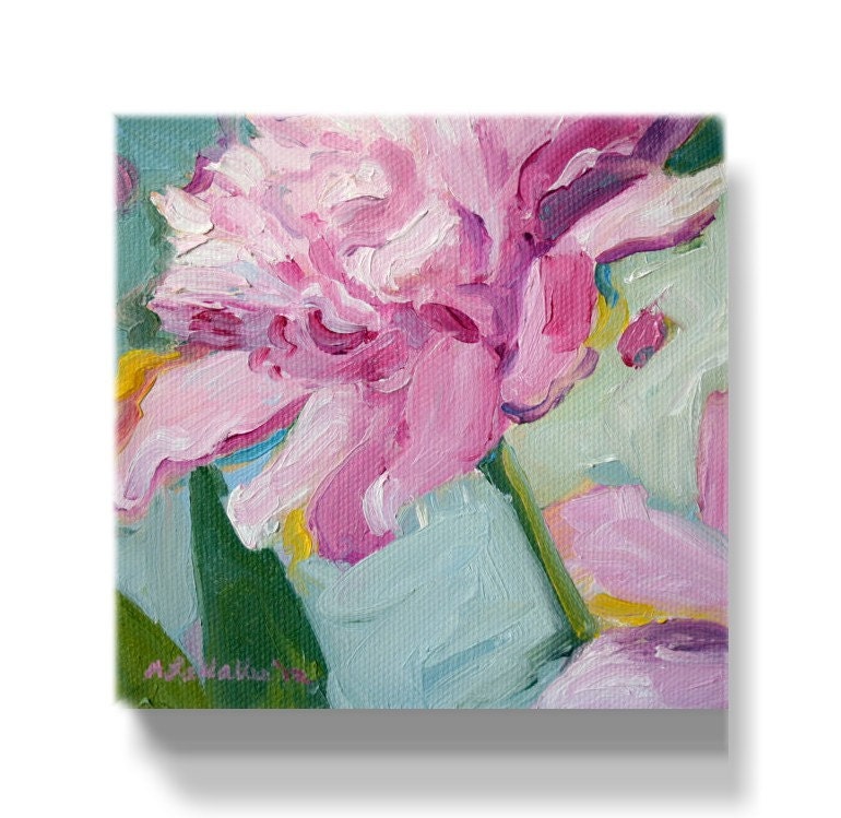 Original Abstract Oil Painting 5.5"X5.5" . Japanese Tree Peony , Pink , Aqua . Cottage Style wall art