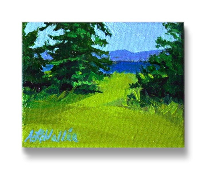 Lake Side Path Expressive small  Landscape Painting Emerald Green Spruce Trees Original art oil on 4"X5"  canvas