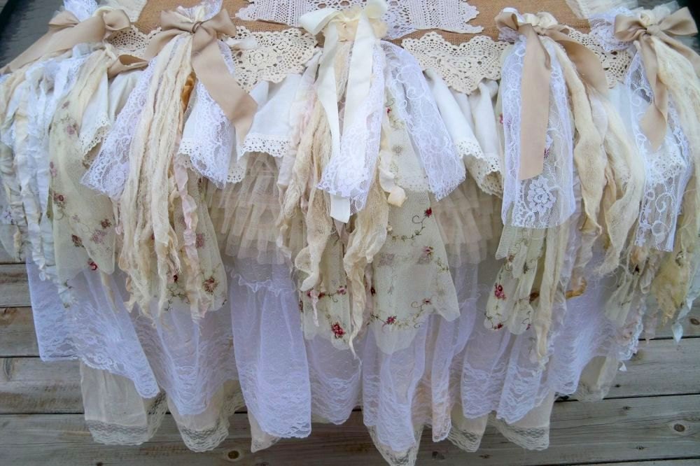 Shabby chic burlap runner hand made ruffled lace fabric tablecloth very full ooak by anita Spero