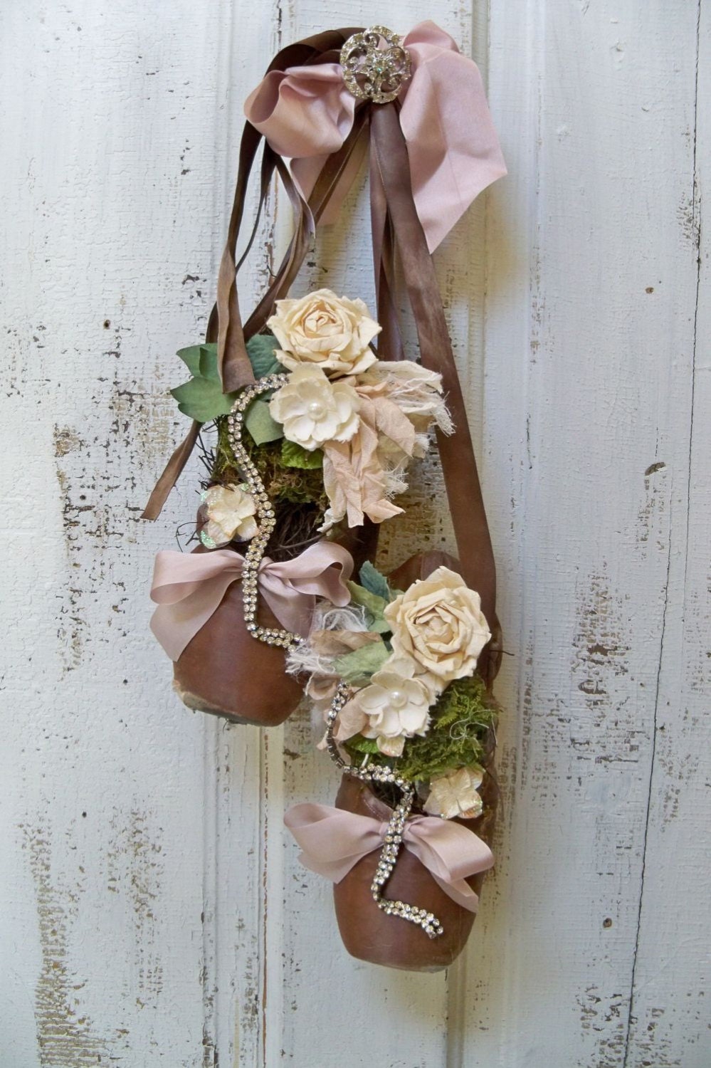 Vintage brown pointe toe shoes ornate embellished slippers re-purposed shabby chic romantic wall decor Anita Spero
