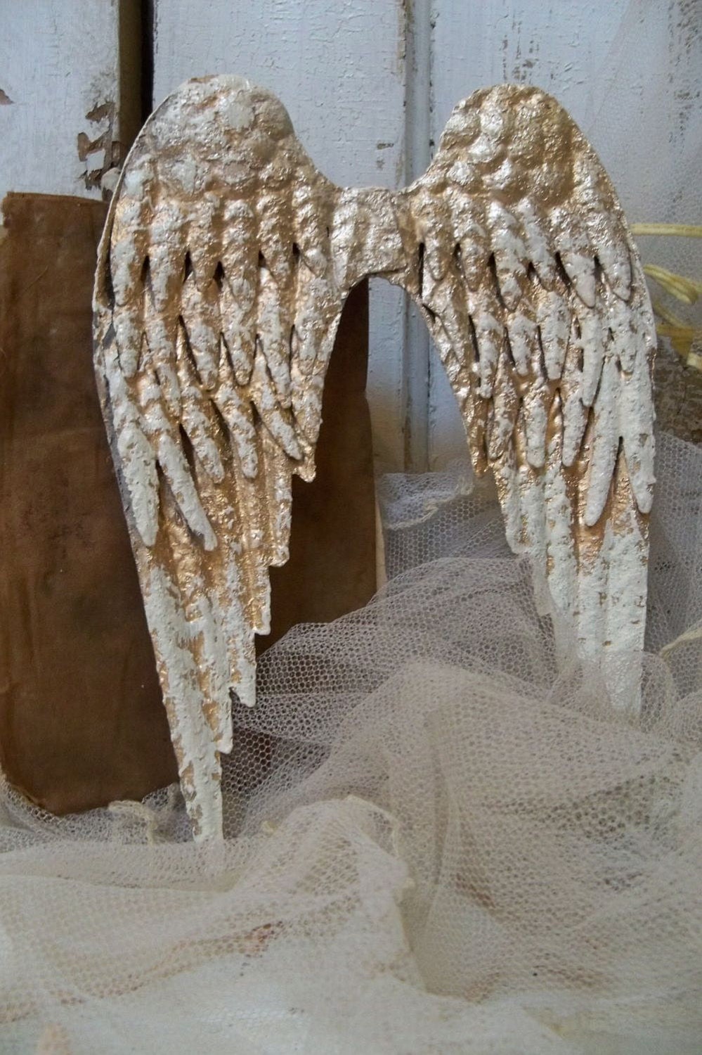 White metal wings accented in gold French Nordic wall sculpture farm house home decor Anita Spero
