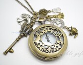 Alice in wonderland pocket watch necklace,with mushroom,crown key,clock,teapot,rabbit,cheshire cat,rose and rabbit pendant NWAW04