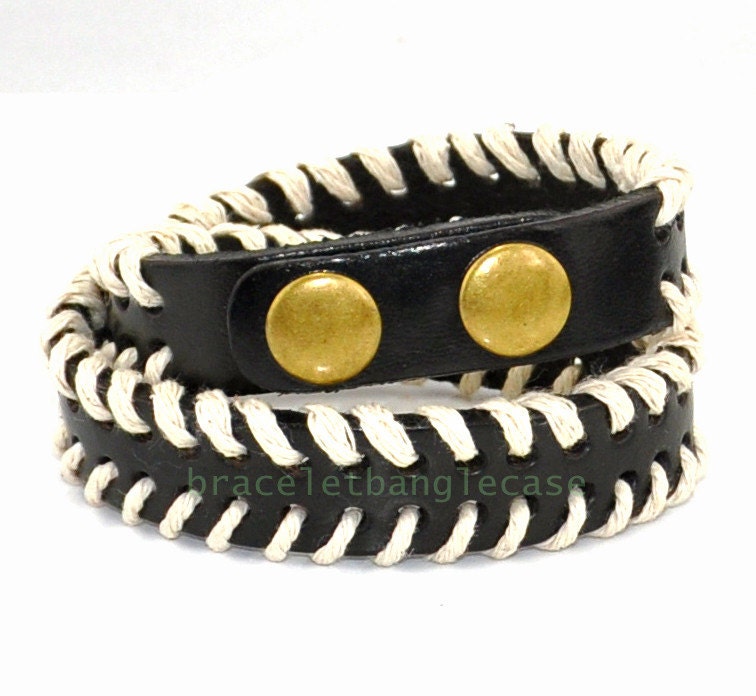 Leather bracelet with black leather and white hemp ropes woven wrist bracelet women cuff bracelet friendship gift jewelry bracelet   d-362