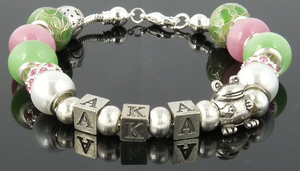 ALPHA KAPPA ALPHA: European Style Large Hole Bead Pink Green Greek Sorority Bracelet with Frog Bead and Dreams Charm
