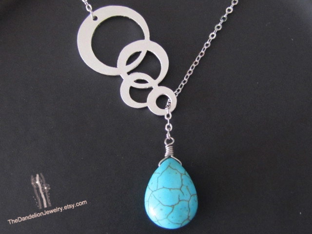 SALE, 10% OFF: Circles and howlite turquoise briolette lariat necklace in white gold, circles necklace, turquoise pendant