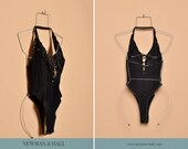 Vintage 1990s Black Suede and Mesh Bodysuit with Rhinestone Details