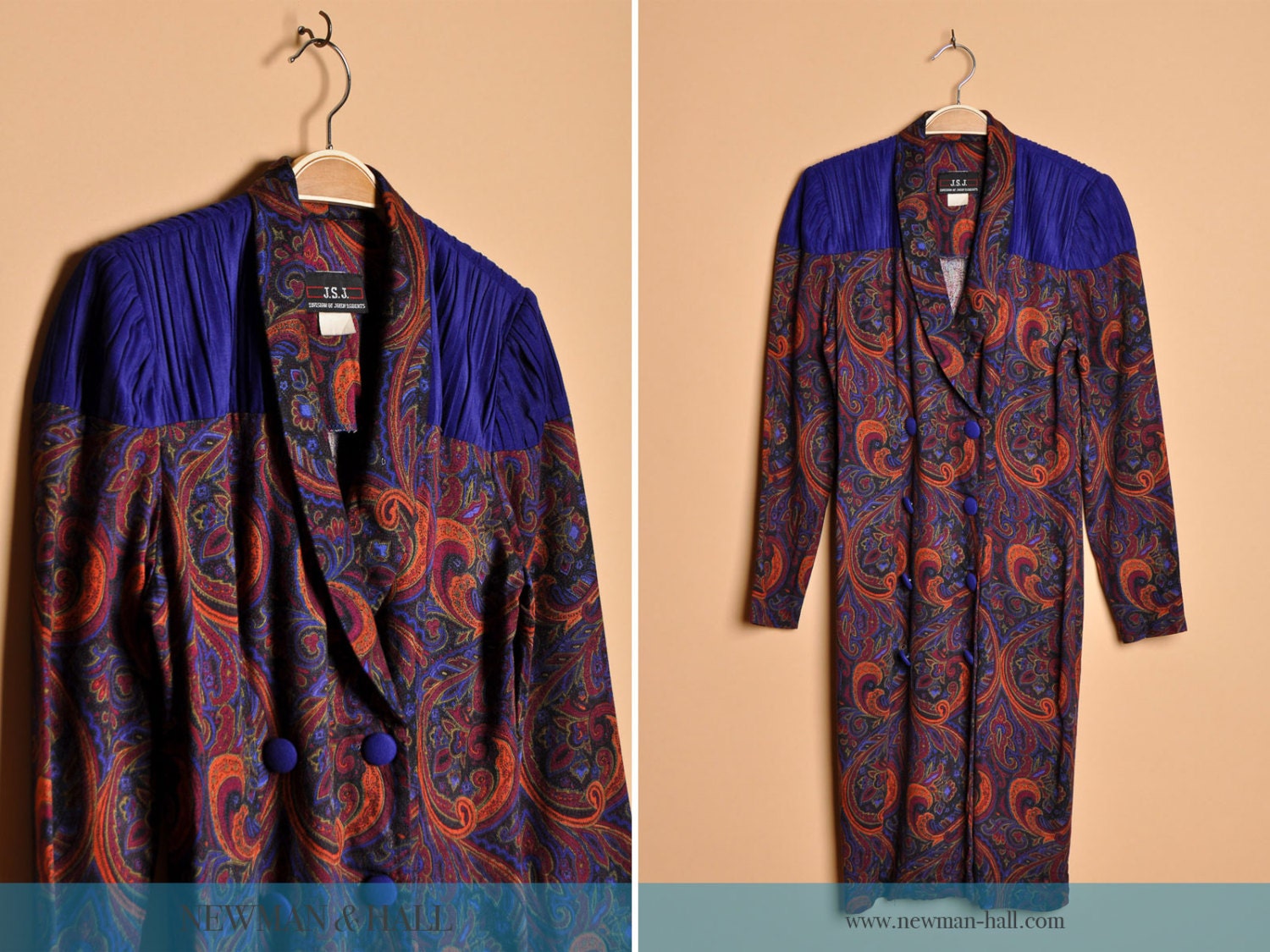 Vintage 1980s Dark Paisley Blazer Dress, By J.S.J., Size Small