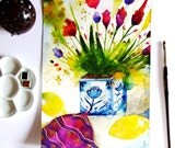 Still Life Flowers Lemons Original Painting Still Life Watercolor Ink Gouache Drawing Wall Art Nature Plant Fruits Art Yellow Blue Green Art