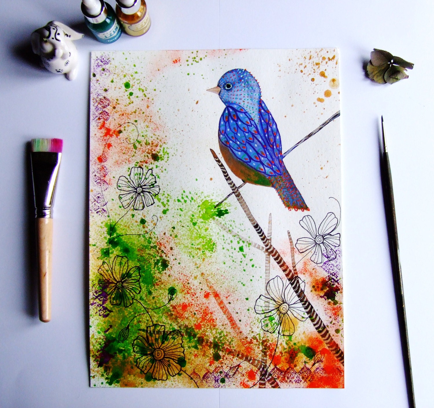 Bird Painting Drawing Ink Watercolor Gouache Feathers Animal Flowers Landscape Home Decor Wall Art Contemporary Art Bird Blue Green Orange