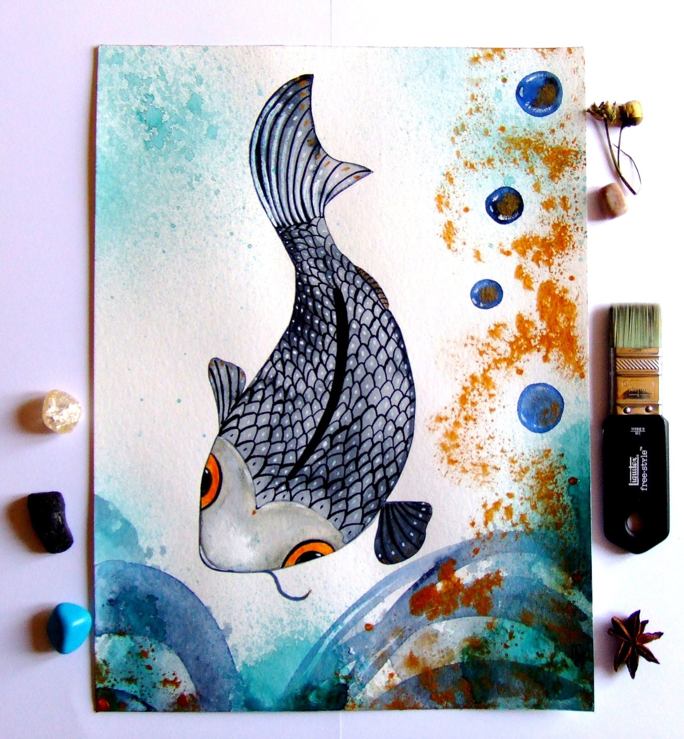 Koi Carp Watercolor Painting Ink  Fish Painting Animal Art Contemporary Art Decor Grey Blue Fish Landscape Fish Art Drawing
