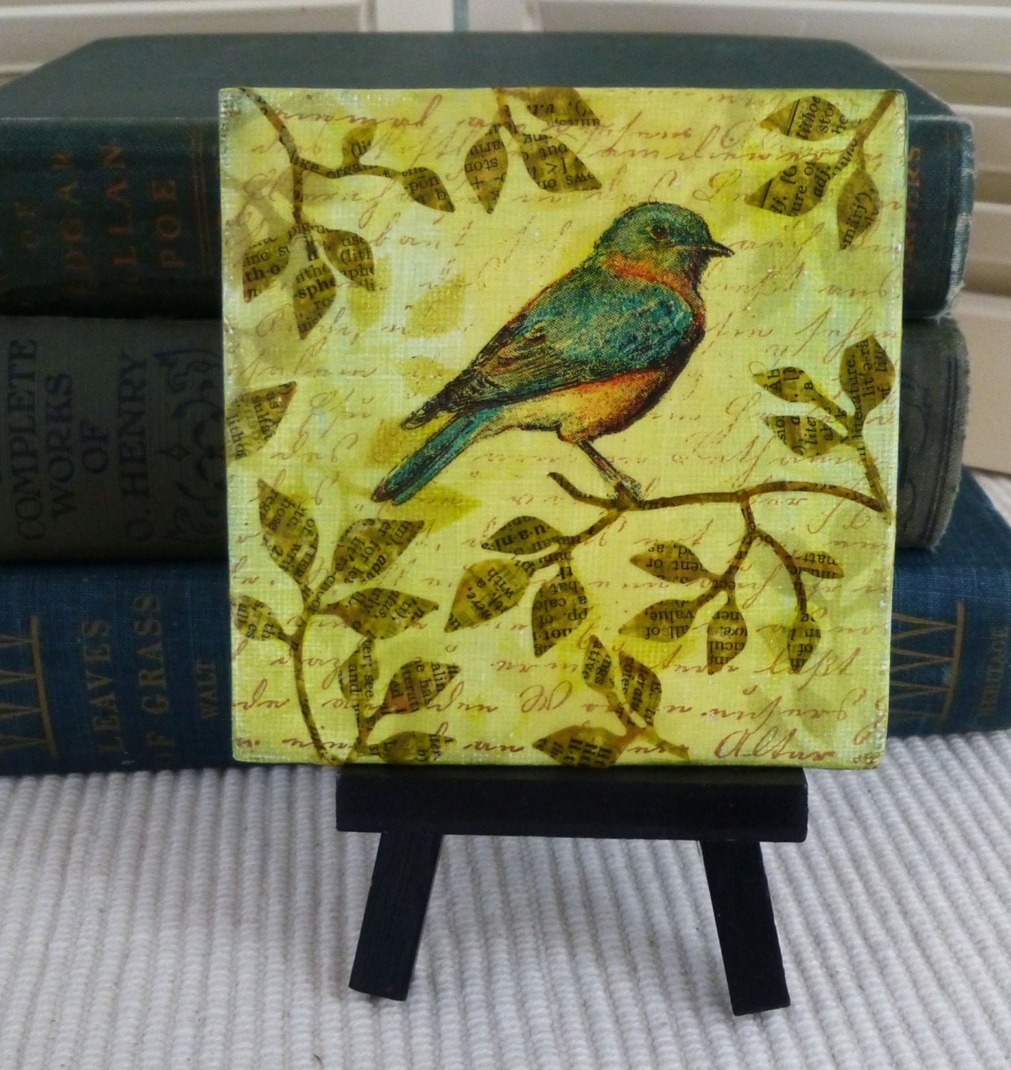 Blue Bird in a Leafy Bower, Original Mixed Media Collage, Encaustic Miniature Art
