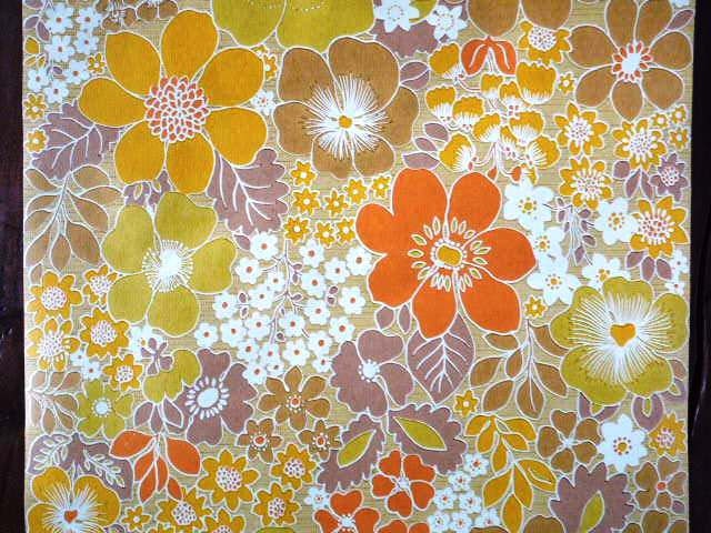 Vintage  WALLPAPER by the yard, French Retro Wallpaper from the 70s. Big Flowers in Orange, Yellow, Green, Beige, Purple and White.
