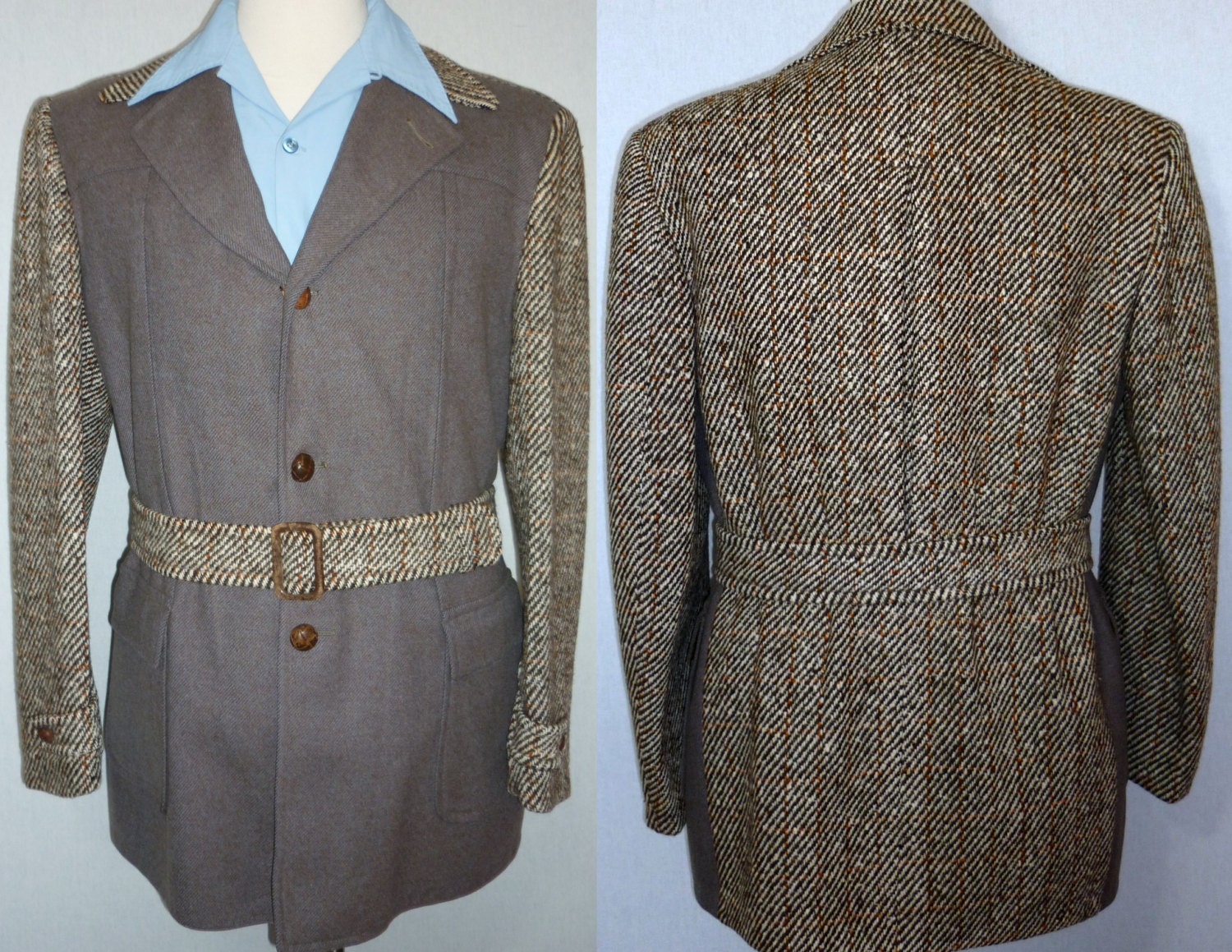 40s - 50s / Hollywood Jacket / M - L / 40 - 42 / Belted / Fancy Back / Tweed / Howard Hughes / Swing / Rockabilly 1940s / 1950s