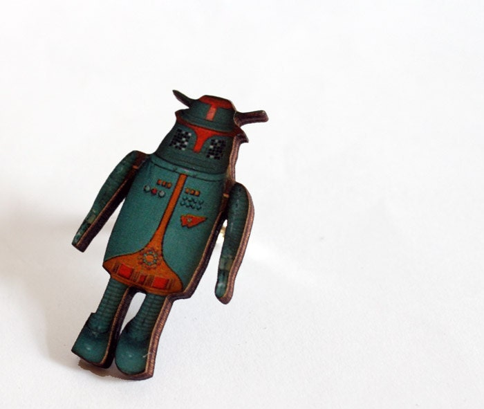 Robot Ring, Geeky Jewelry, Blue and Orange Adjustable Ring Handmade Fashion Statement Jewelry Wooden