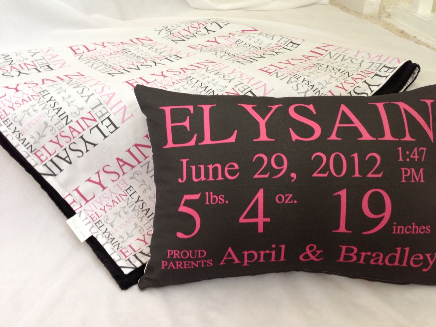 New Baby Gift Set- personalized birth announcement pillow and Name-Me Minky Blanket baby blanket baby pillow shower gift new baby