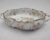 Hand Painted Gold Flower Porcelain Footed Dish Handles -Vintage Antique Fine Chine Serving - Numbered and Signed - Trinket Desert Side