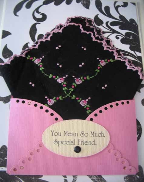 Vintage Dainty Embroidered Black Pink Handkerchief Friend Birthday Congratulations Thinking Of You Hanky Greeting Card