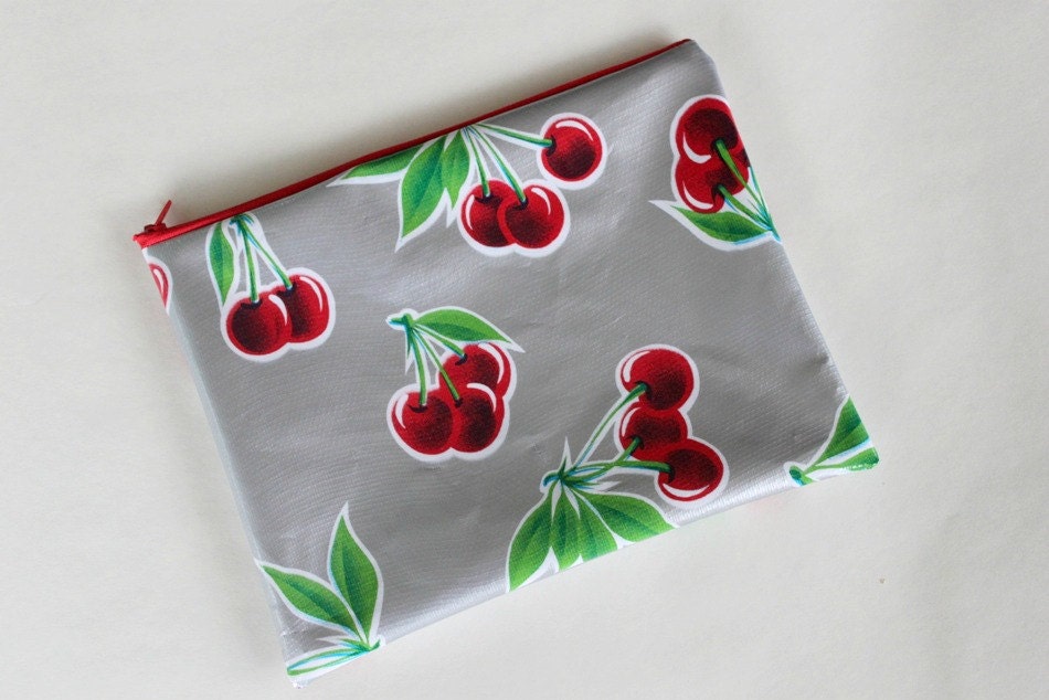 Wet Bag - Silver Cherry Oilcloth Pouch