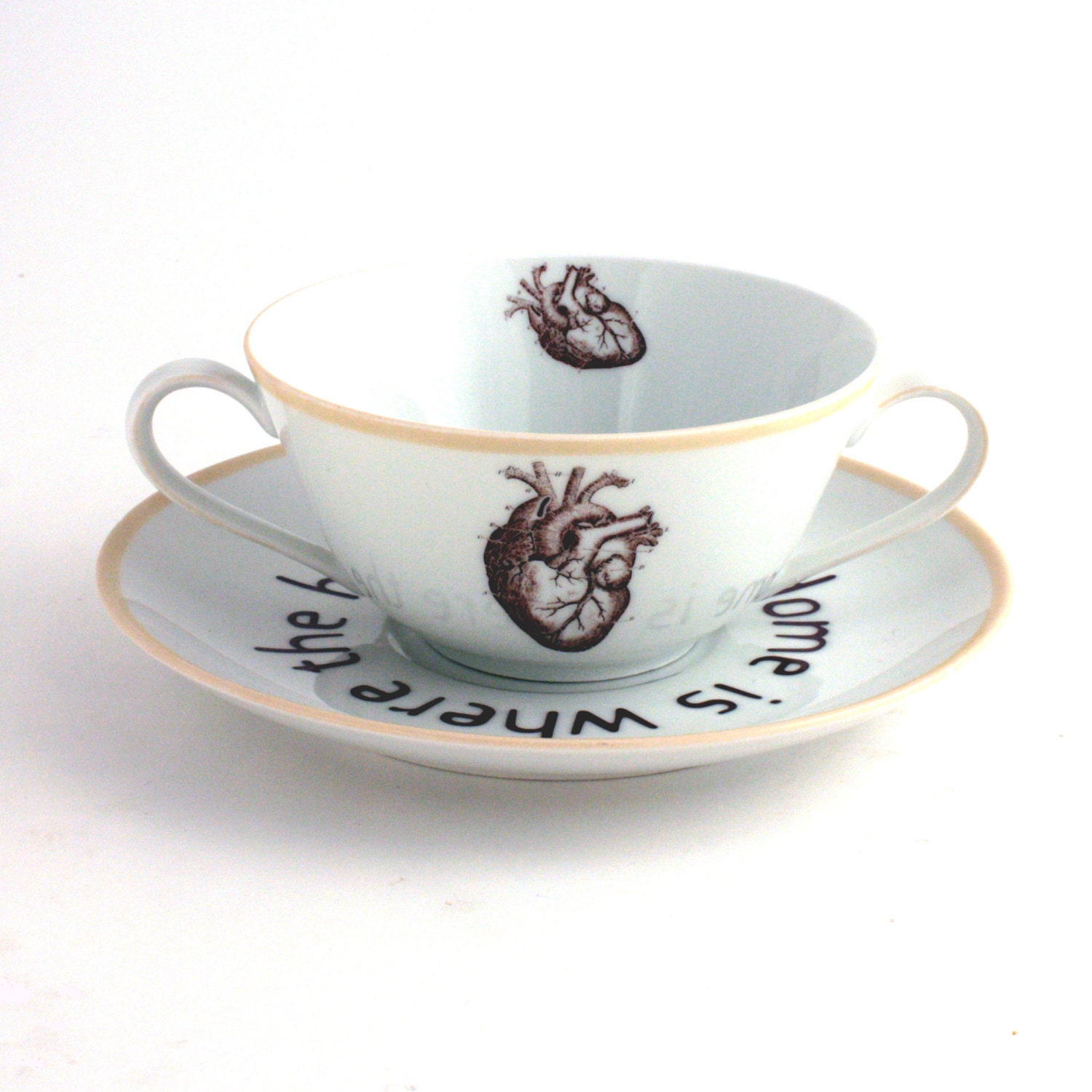 Cereal Bowl  Home is Where the Heart is Altered  Soup Mug Porcelain Anatomy Anatomical Recycled Redesigned  White