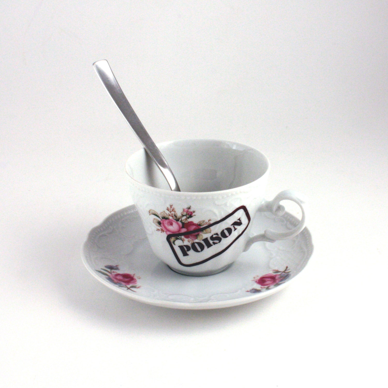 Poison Stamp Flowers Cup Saucer Funny Fun Porcelain Altered Recycled Redesigned White