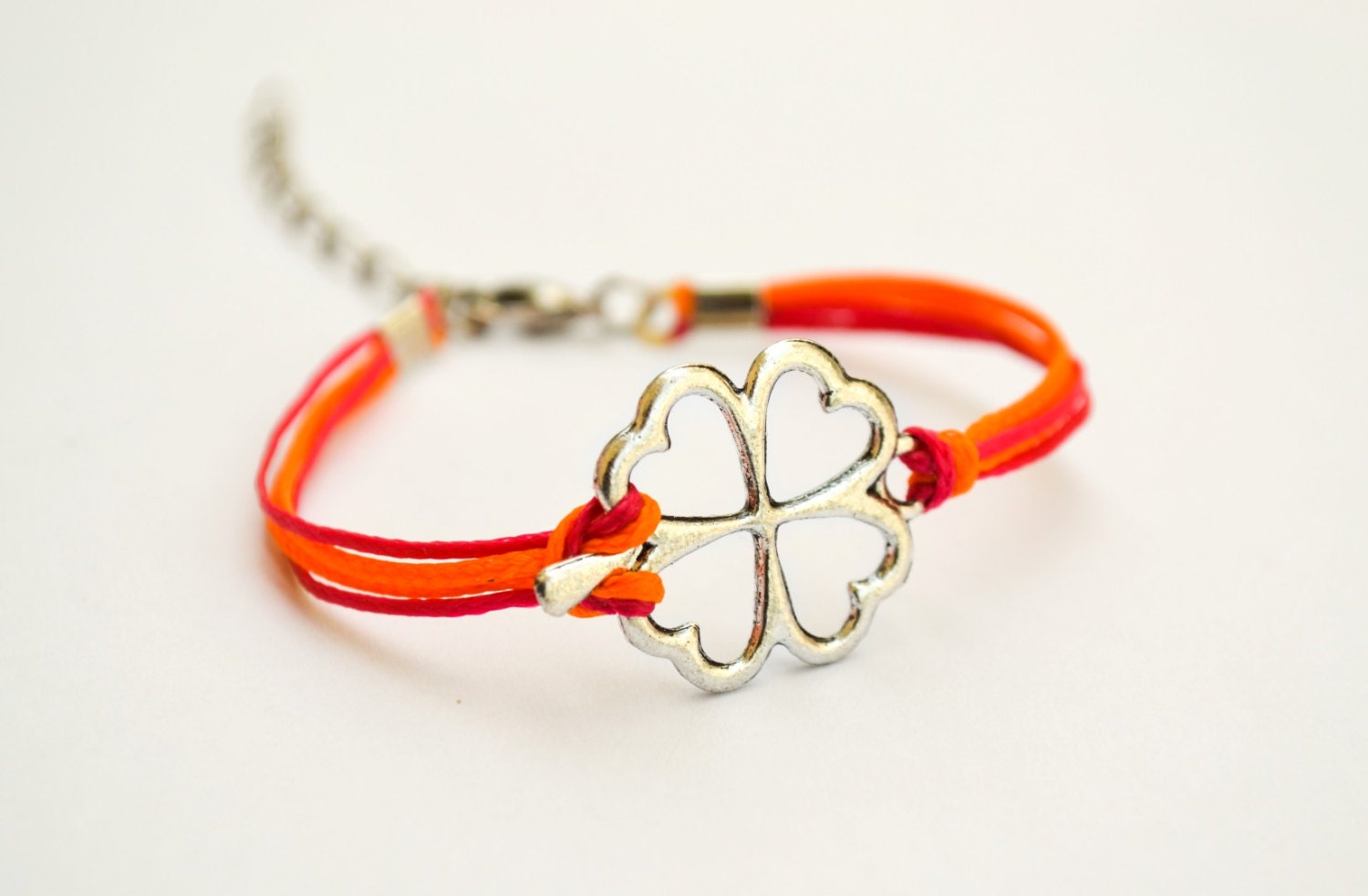Clover friendship bracelet for girls, pink and orange cords, Tibetan silver shamrock charm, two colors bracelet for kids, children's jewelry