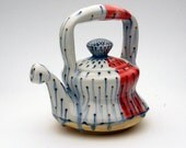 Large Porcelain Teapot with Drippy Blue Dots, Red Stripe, and Yellow Bottom