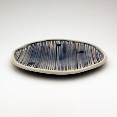 Porcelain Dinner Plate with Blue Lines and Black Dots