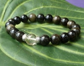 Mens Positive Energy Wrist Mala with Golden Obsidian & Citrine gemstones, Reiki Charged Bracelet, Free Shipping