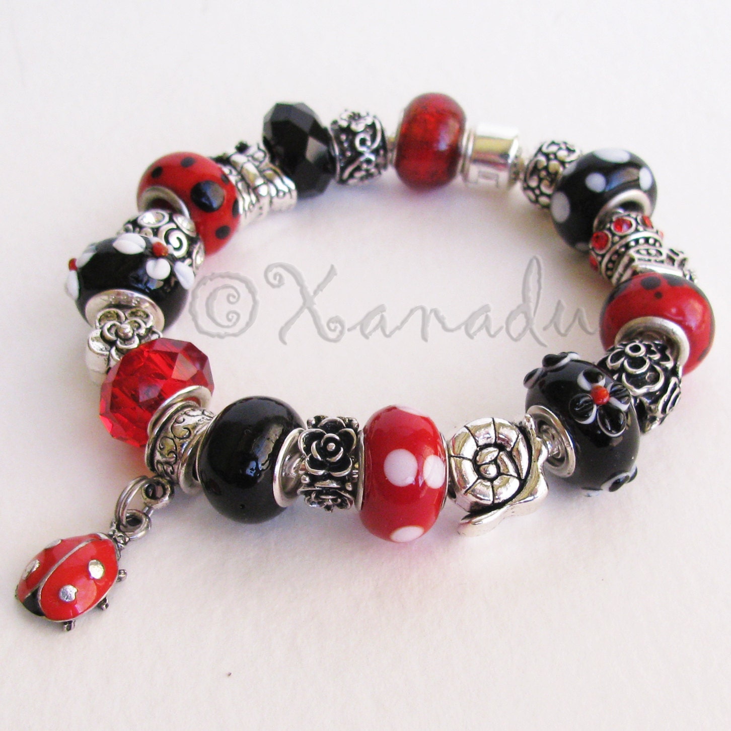 Ladybug Garden European Charm Bracelet With Red, Black, White Lampwork Glass Beads And Butterfly, Rose, Snail Charms