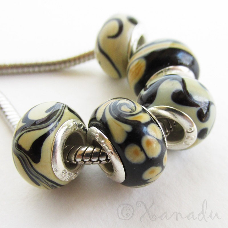 Black, Brown And Taupe Lampwork Glass Beads Collection - 5PCs Large Hole Bead For All European Charm Bracelet Jewelry Chains