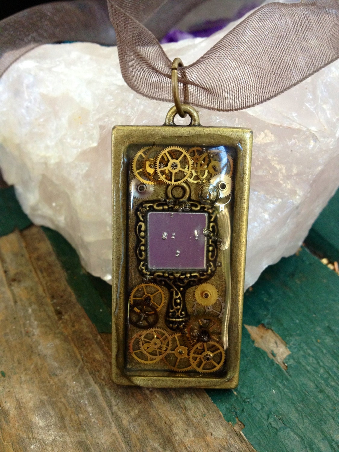 Steampunk Resin Necklace, Hand Mirror, Watch Gears, Time for Yourself