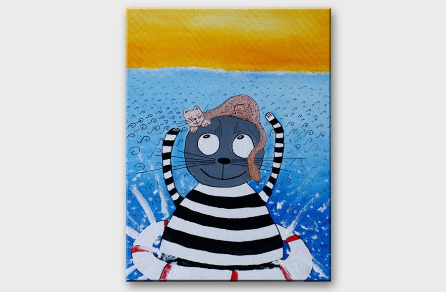 Original cat painting / Kitty art / Blue Sea Splash / Playing Kittens / Funny Cute Painting Greeting card / Animal illustration Two cats