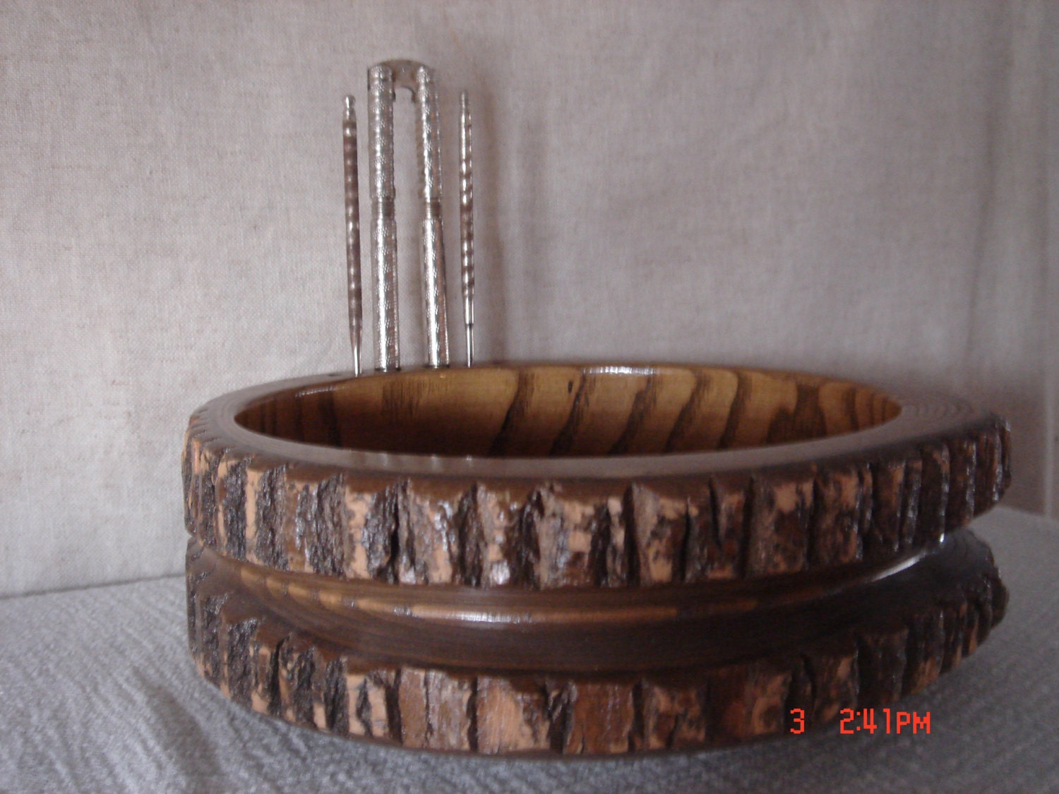 Vintage Large Wooden Bowl, Rustic, Nuts Cracking Bowl with Picks and nut cracking Tool, 1960, collectible