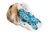 White Womens Baseball Cap - Turquoise Fleur de lis Fabric Accent-  Affirmation - Bling - TAGT