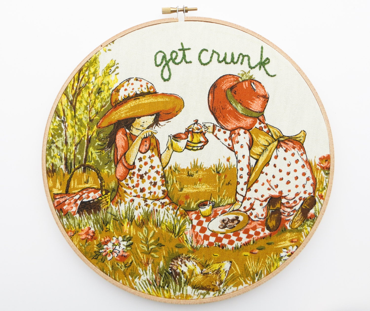 Vintage Holly Hobbie Hand Embroidered Hoop Art - Get Crunk Tea Party Picnic - Hand Embroidery Stitched Home Decor